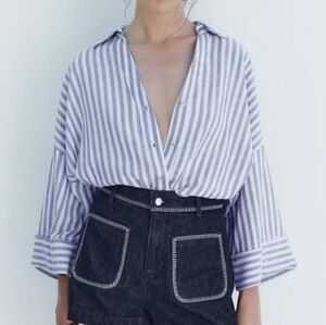 Zara Wide Sleeve Striped Blue While Poplin Shirt Size S, Linen Blend, Oversized